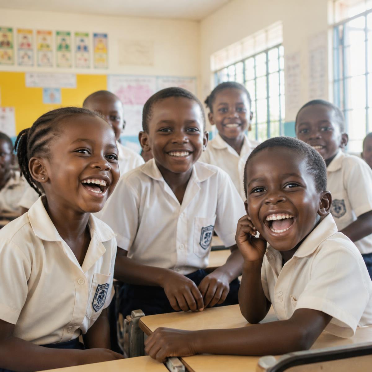 Karibel International School pupils laughing together in a bright Tema classroom