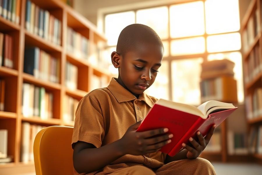 Primary school pupil reading a book in the Karibel library