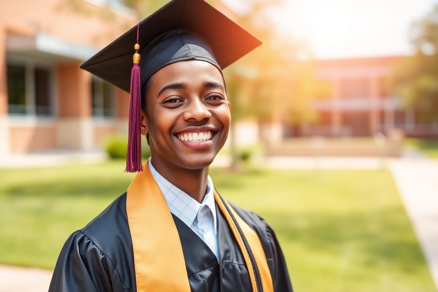 Karibel graduate in cap and gown on the Tema campus